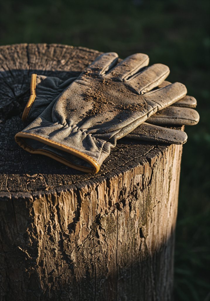 work gloves resting tree stump